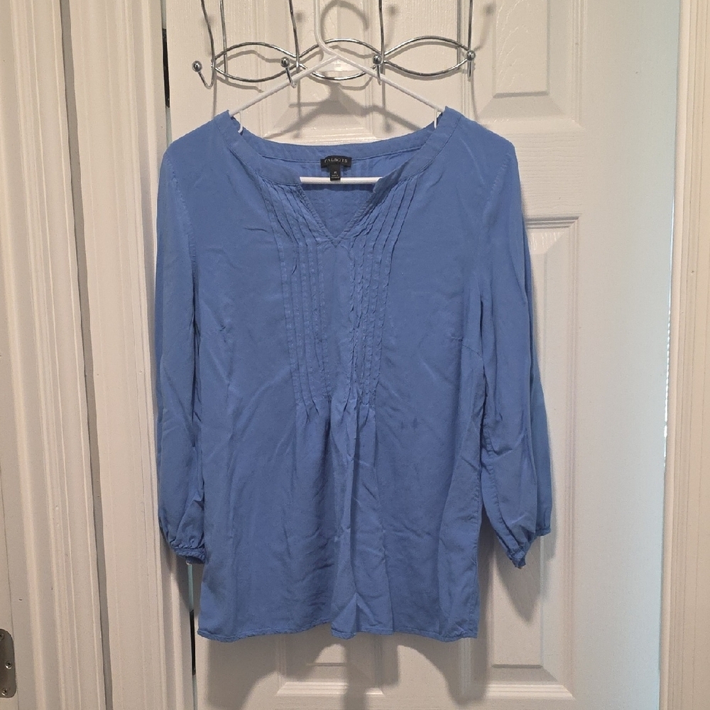 Talbots Cornflower Blue Split Neck Pintuck Blouse - image 3